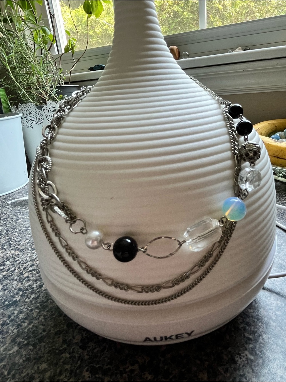 Layered Silver-Tone Necklace with Black, Clear and Opalescent Beads